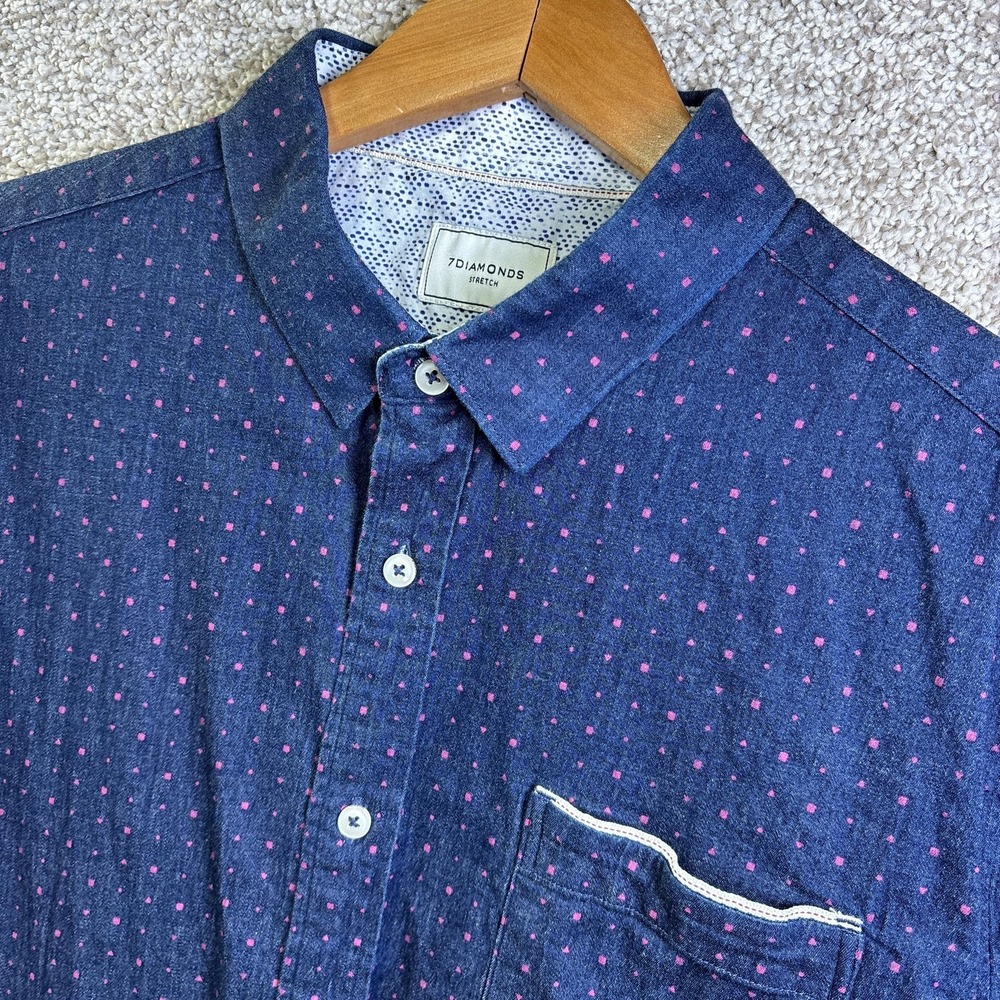 7 Diamonds Shirt Mens Large Blue Polka Dot Short Sleeve Denim Stretch Button Up